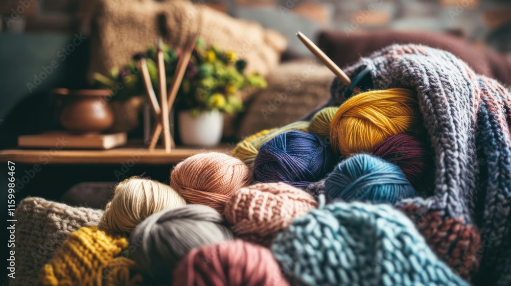 Poster a cozy knitting workshop with colorful yarns and knitting needles, knitting patterns and tools arran