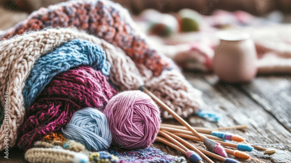 Poster a cozy knitting workshop with colorful yarns and knitting needles, knitting patterns and tools arran