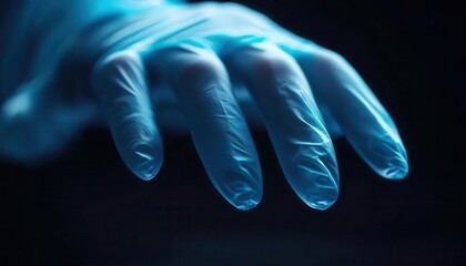 A gloved hand reaches out, illuminated in blue light, conveying a sense of care, safety, and precision in a clinical or experimental context.