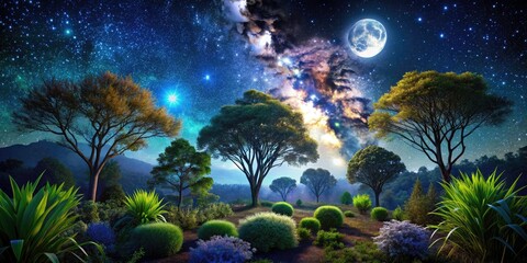 Night Photography of Diverse Trees and Shrubs Under a Starry Sky, Capturing the Beauty of Nature with Moonlight Silhouettes and Lush Foliage