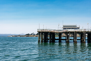 Damaged Santa Cruz Wharf with deteriorated wooden pilings, sea lions resting underneath