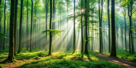 Fototapeta premium Sunbeams Illuminate a Mystical Forest Path, Creating an Enchanting and Serene Atmosphere of Tranquility and Natural Beauty