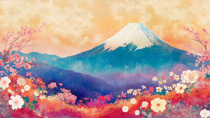 日本の富士山と花々のイラスト素材。挿絵,高画質イラスト,アジア,日本人