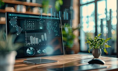 Sleek computer monitor displaying data and graphs in modern office - Powered by Adobe