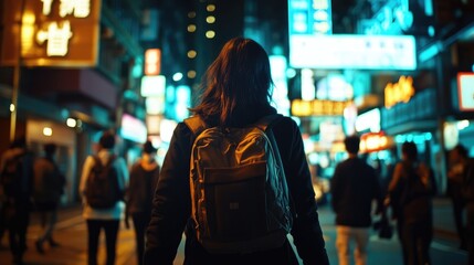 A Woman with backpack exploring a vibrant Asian night market.