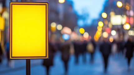 Crowd walking past blank signage in urban setting evening light city street focused perspective marketing concept