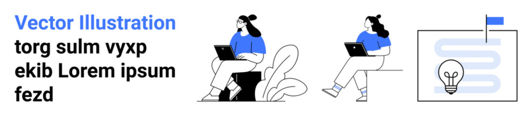 People using laptops sitting comfortably, idea board with a light bulb and flag. Ideal for work-from-home concepts, productivity, brainstorming sessions, innovative thinking, comfort, minimalist