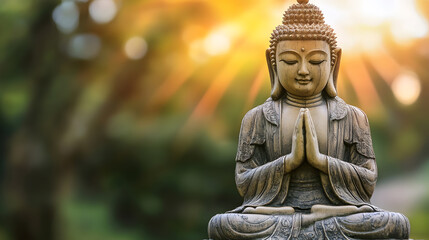 Fototapeta premium Serene Buddha Statue in Meditation with Radiant Sunset Light in the Background : Generative AI