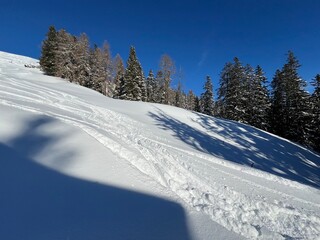 Wonderful winter hiking trails and traces in the fresh alpine snow cover of the Swiss Alps and over the tourist resort of Davos - Canton of Grisons, Switzerland (Kanton Graubünden, Schweiz)