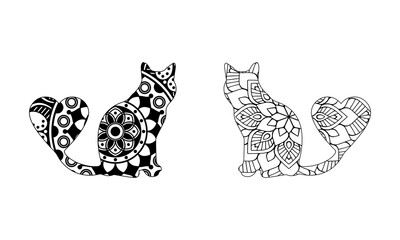 Cat mandala vector, cat mandala coloring page, black and coloring editable Vector illustration