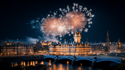 Naklejka premium Wide view of fireworks exploding over Edinburgh Castle at night, bright colors illuminating the sky, festive and dramatic atmosphere, blurred background with the city’s historic buildings 