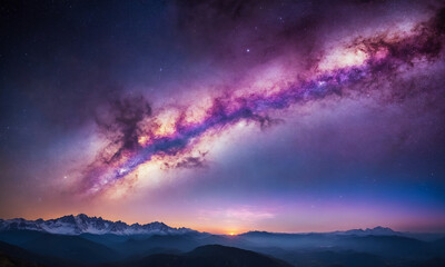 Fototapeta premium 화려한 우주 풍경을 상상해 보세요. 강렬한 보라색, 깊은 파란색, 반짝이는 분홍색이 어우러져 소용돌이치는 성운을 형성합니다.