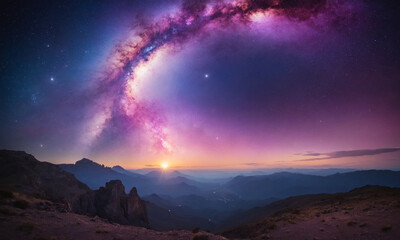 화려한 우주 풍경을 상상해 보세요. 강렬한 보라색, 깊은 파란색, 반짝이는 분홍색이 어우러져 소용돌이치는 성운을 형성합니다.