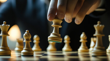 A businessman moving a chess piece on a board, a concept of business strategy and management with a focus on one queen in close-up view