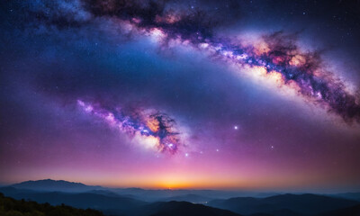 Obraz premium 화려한 우주 풍경을 상상해 보세요. 강렬한 보라색, 깊은 파란색, 반짝이는 분홍색이 어우러져 소용돌이치는 성운을 형성합니다.