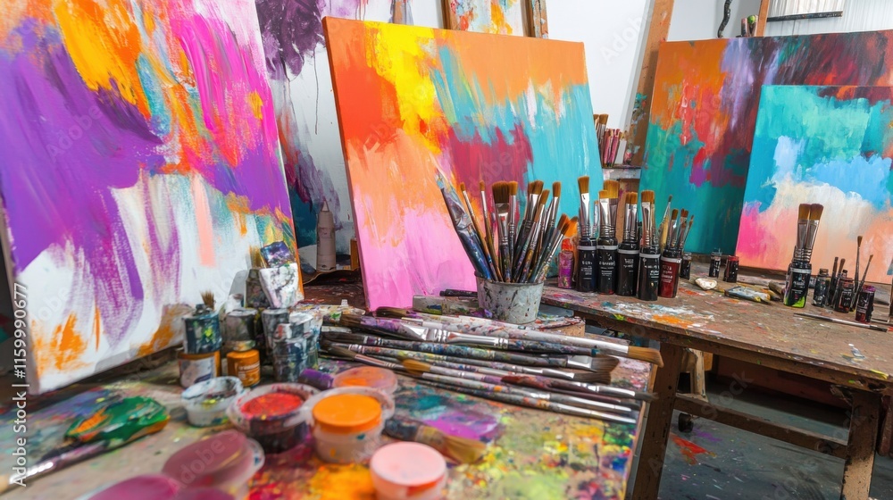 Poster a creative painting studio filled with vibrant canvases and assorted brushes, paint tubes arranged i
