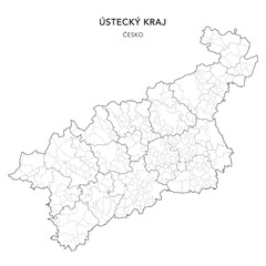 Political Map of the Ústí nad Labem Region (Ústecký kraj) with Districts (Okres), AD MEC (SO ORP), AD CLA (SO POU) and Municipalities (Obcí) as of 2024 - Czechia/Czech Republic (Česko) - Vector Map