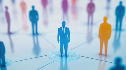A simple blue human figure stands in the center of an abstract social network, connected to several other people by lines