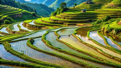 Fototapeta premium Stunning Macro Photography of Rice Terraces â€“ Captivating Agricultural Landscapes with Lush Greenery, Water Reflection, and Intricate Patterns in Nature's Bounty