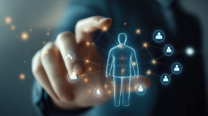 Businessman touching a human icon on a virtual screen, digital network connection between people in the business world for HR