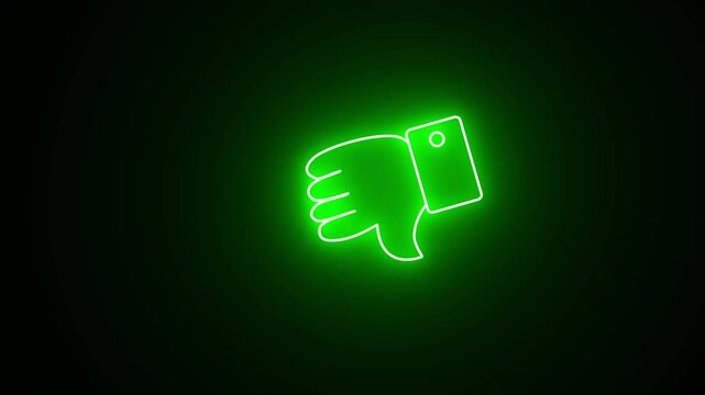 Glowing green neon social media dislike button symbol. Animated neon thumb down sign icon animation