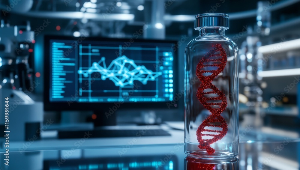 Poster dna helix in glass vial on lab bench, computer screen showing data in background.