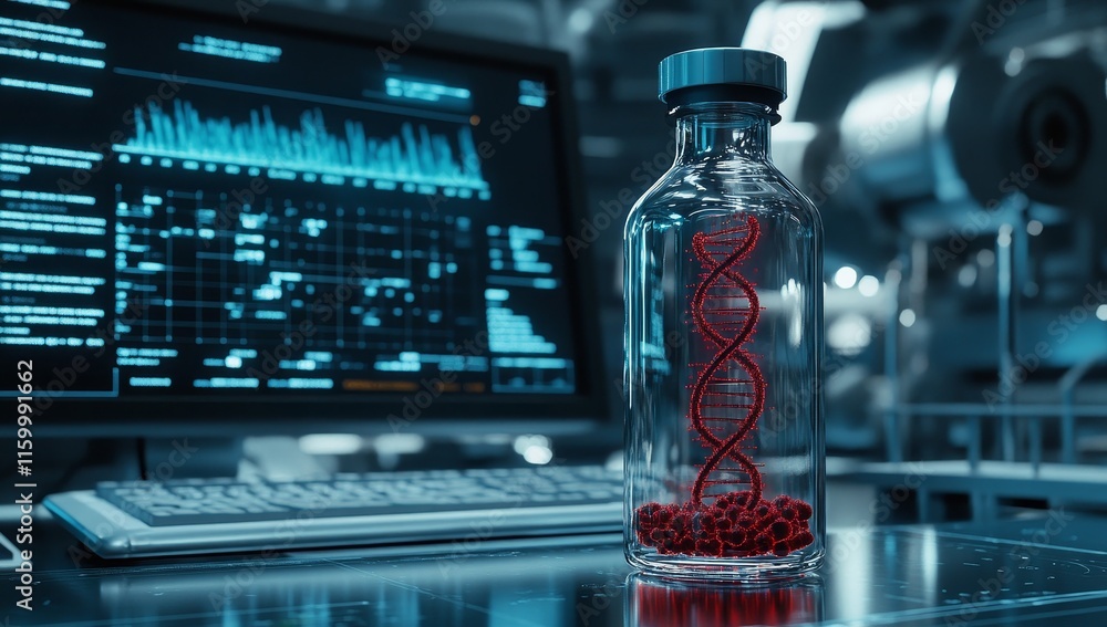 Poster dna helix in a glass bottle on a lab desk with a computer showing data.