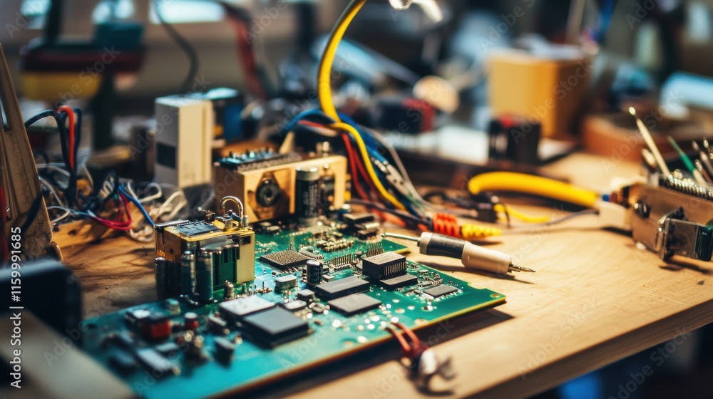 Poster a detailed home electronics tinkering workspace with circuit boards and soldering iron, electronic c
