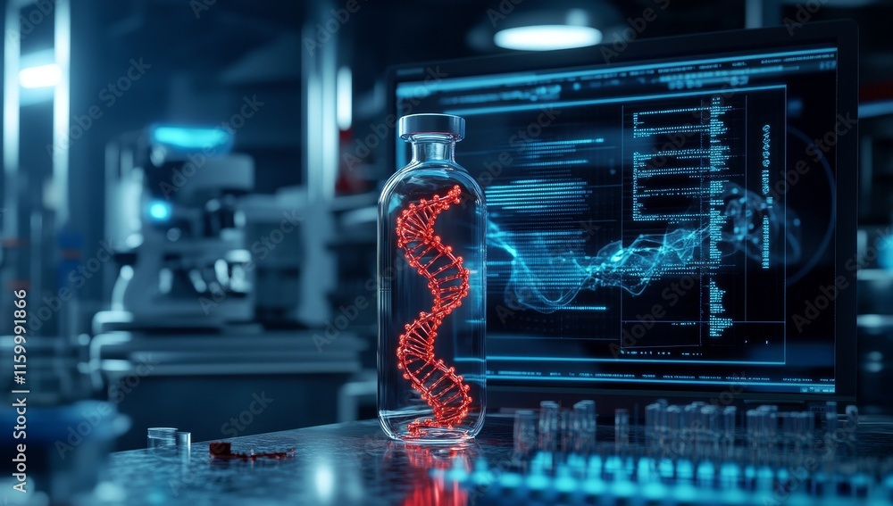 Poster dna helix in glass bottle on lab table with computer screen showing genetic code.