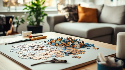 Fototapeta premium A detailed jigsaw puzzle assembly area in a cozy living room, Puzzle pieces and tools neatly organized, Modern leisure style