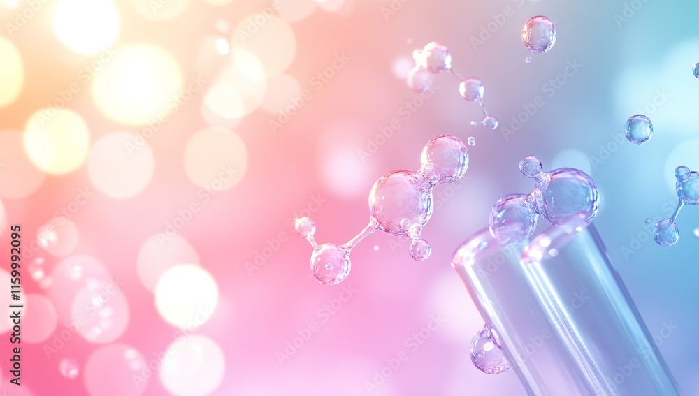 Poster abstract molecules floating above a test tube on a colorful bokeh background.
