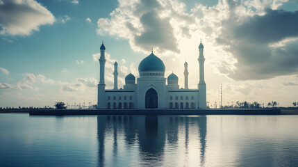 Fototapeta premium Scenic Mosque Reflected in Tranquil Waters with Dramatic Cloudy Sky at Sunset : Generative AI