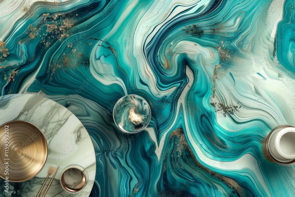 Poster mesmerizing abstract fluid art vibrant teal and turquoise swirls create a dynamic marble effect