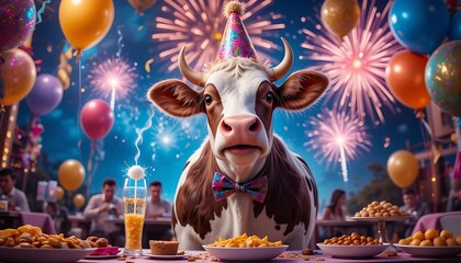 Fototapeta premium Happy Cow Birthday Party Fireworks Balloons Snacks