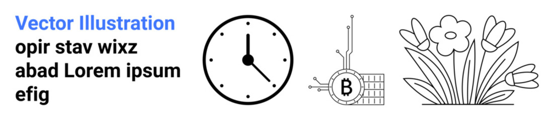 Bitcoin symbol integrated with a circuit, a clock with black hands, and blooming flowers with leaves. Ideal for financial tech, time management, botany, education, infographics, presentations, web