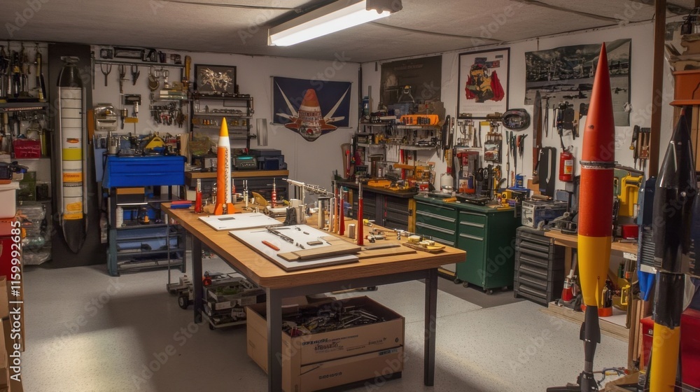 Poster A detailed model rocket building area in a spacious garage, Model rocket parts and building tools neatly arranged, High-tech hobbyist style