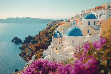 Sunny coastal town with whitewashed buildings, blue domes, and purple flowers.