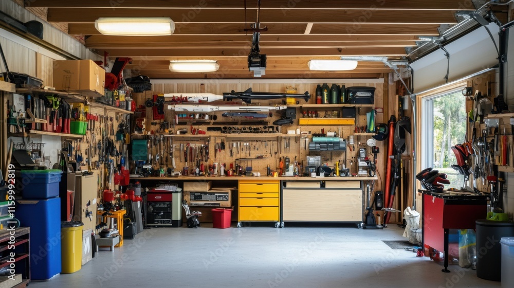 Poster A detailed model rocket building area in a spacious garage, Model rocket parts and building tools neatly arranged, High-tech hobbyist style