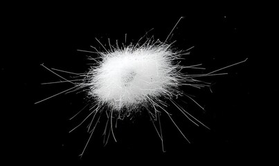 A close-up of a white, fluffy substance with long, thin strands.