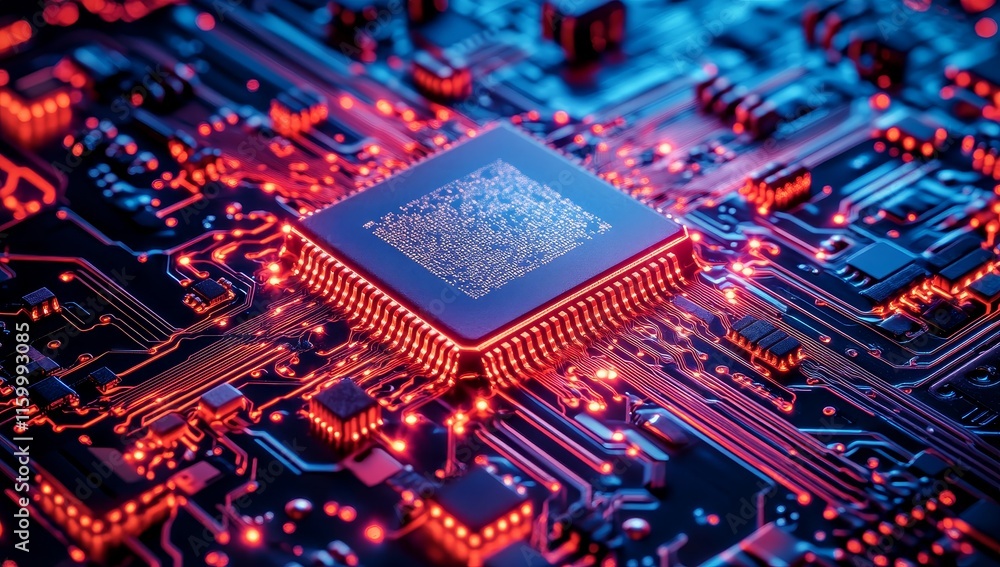 Poster close-up of a glowing cpu on a circuit board.
