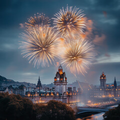 Fototapeta premium Close-up of colorful fireworks bursting over the Edinburgh skyline, bright light reflecting off the old stone buildings, festive and lively atmosphere, blurred background with castle