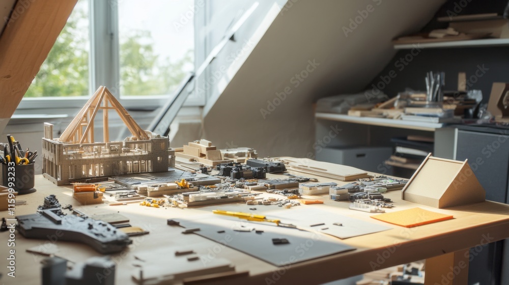 Poster A detailed scale model construction area in a spacious attic, Model parts and building tools systematically arranged, Contemporary hobbyist style