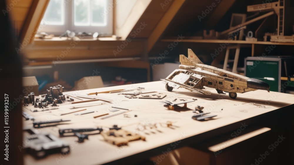 Poster a detailed scale model construction area in a spacious attic, model parts and building tools systema