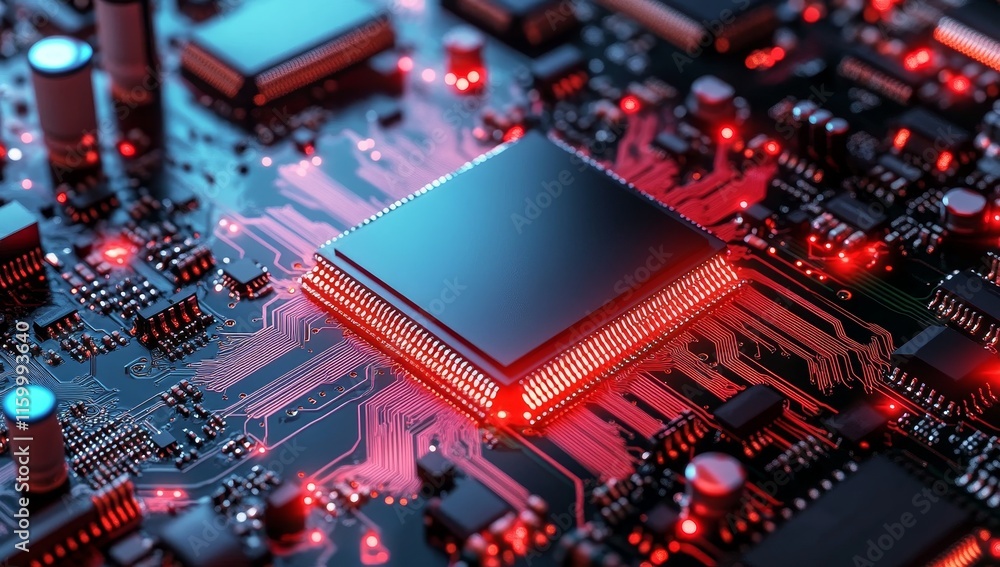 Poster close-up of a central processing unit (cpu) on a circuit board, illuminated with red and blue light.