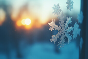 Obraz premium Winter sunset: intricate frost patterns on a windowpane.