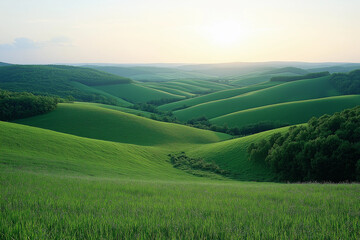 Obraz premium Rolling green hills bathed in sunlight, a picturesque landscape.
