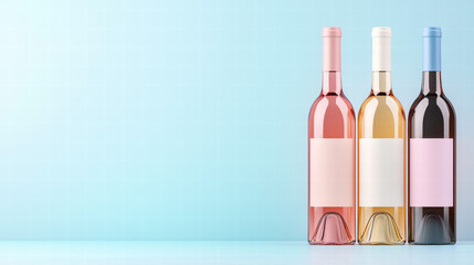Three elegant wine bottles in pastel colors sit against a soft blue background, showcasing blank labels for customizable branding.