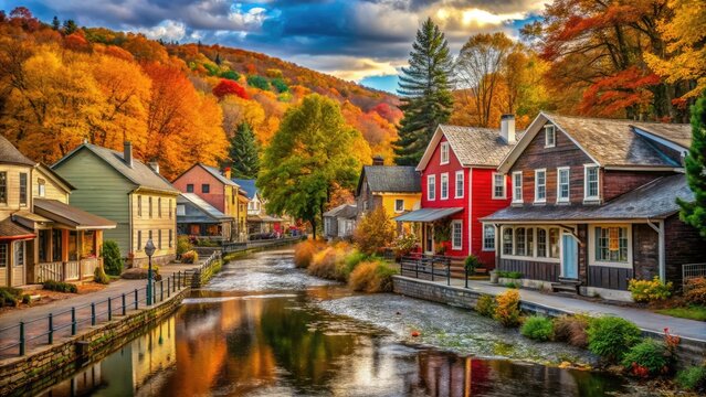 Vintage Street Scene in Narrowsburg NY - Quaint Town Charm, Rustic Architecture, Serene River Views, Autumn Foliage, Nostalgic Feel, Small Town America, Tranquil Environment, Scenic Landscape