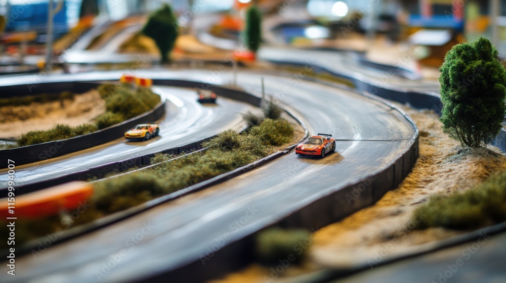 Poster A dynamic radio control car racing track with sharp turns and jumps, RC cars and controllers set up for speed, Natural photo of