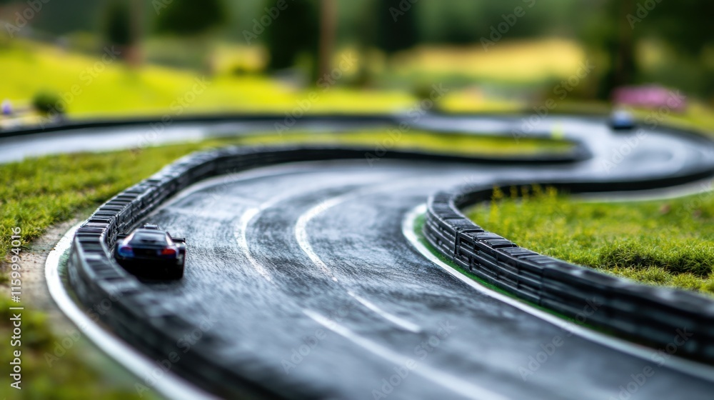 Poster A dynamic radio control car racing track with sharp turns and jumps, RC cars and controllers set up for speed, Natural photo of